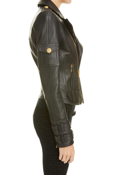 Shop Balmain Crop Lambskin Leather Moto Jacket In 0pa 0pa Noir