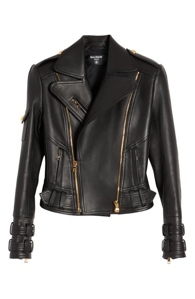 Shop Balmain Crop Lambskin Leather Moto Jacket In 0pa 0pa Noir