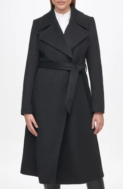 Shop Karl Lagerfeld Wool Blend Wrap Coat In Black