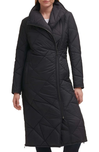 Karl Lagerfeld Quilted Asymmetric Midi Coat In Black