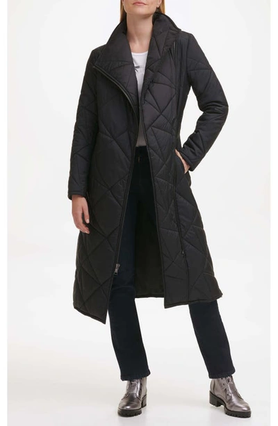 Karl Lagerfeld Quilted Asymmetric Midi Coat In Black
