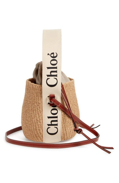 Chloé Woody Small Mifuko Basket Bag In Fair Trade Paper Embellished With Linen In White