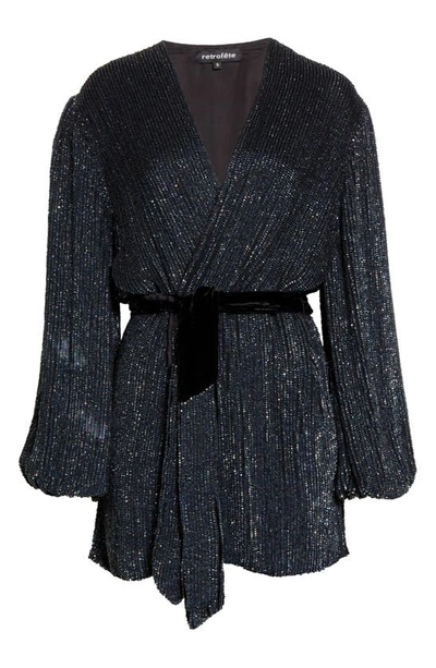 Shop Retroféte Gabrielle Metallic Long Sleeve Wrap Dress In Oil Black