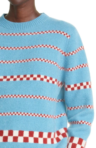 Shop The Elder Statesman Checkerboard Stripe Cashmere Sweater In Adriatic/ Ivory/ Brick
