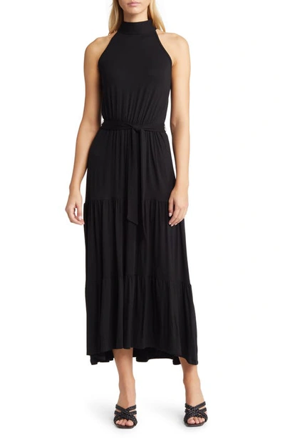 Shop Loveappella Tiered Halter Maxi Dress In Black