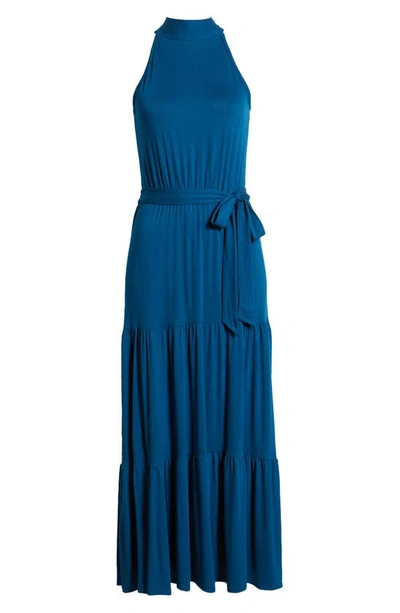 Shop Loveappella Tiered Halter Maxi Dress In Teal