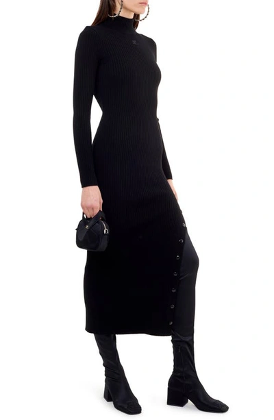 Shop Courrèges Embroidered Logo Ribbed Long Sleeve Sweater Dress In Black