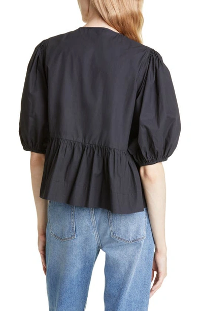 Shop Ganni Puff Sleeve Organic Cotton Poplin Peplum Blouse In Black