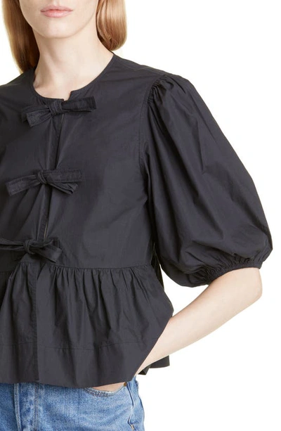 Shop Ganni Puff Sleeve Organic Cotton Poplin Peplum Blouse In Black