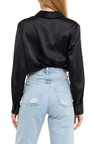 Shop Endless Rose Satin Button-up Blouse In Black