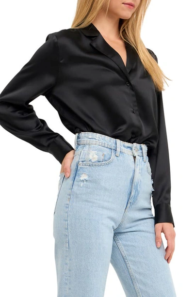 Shop Endless Rose Satin Button-up Blouse In Black