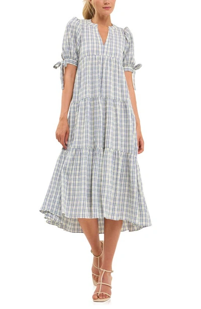English Factory Gingham Tiered Dress With Bow-tie Sleeves In Cream Multi