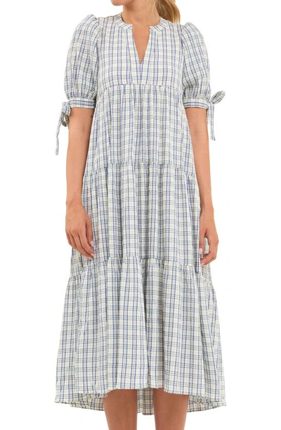 English Factory Gingham Tiered Dress With Bow-tie Sleeves In Cream Multi