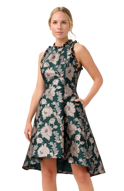Shop Adrianna Papell Ruffle Metallic Jacquard Sleeveless Fit & Flare Dress In Hunter Multi