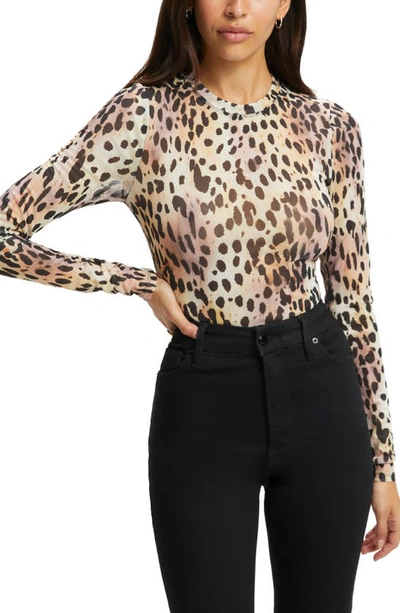 Shop Good American Long Sleeve Mesh Bodysuit In Rose Cheetah001
