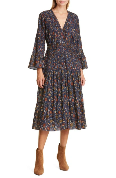 Shop Veronica Beard Shireen Pleated Floral Long Sleeve Midi Dress In Ink Multi