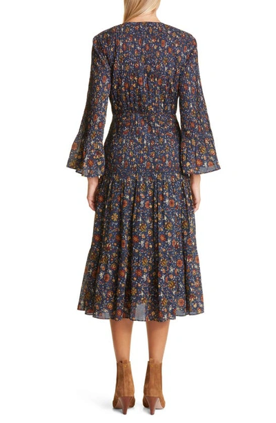 Shop Veronica Beard Shireen Pleated Floral Long Sleeve Midi Dress In Ink Multi