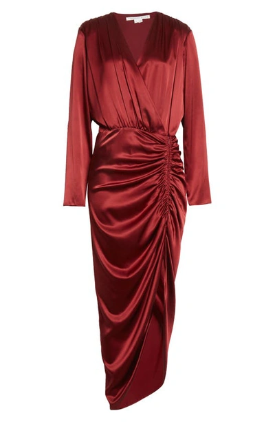 Shop Veronica Beard Cameri Ruched Long Sleeve Stretch Silk Midi Dress In Cabernet