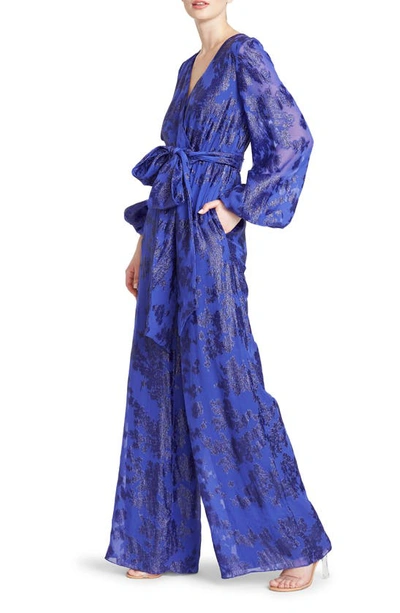 Shop ml Monique Lhuillier Metallic Jacquard Long Sleeve Silk Blend Jumpsuit In Azurite