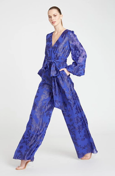 Shop ml Monique Lhuillier Metallic Jacquard Long Sleeve Silk Blend Jumpsuit In Azurite