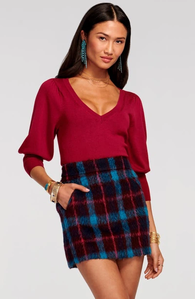 Shop Ramy Brook Cienna Plaid Wool Blend Skirt In Sangria/ Gemstone Combo