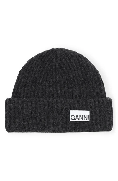 Shop Ganni Structured Rib Wool Blend Beanie In Phantom