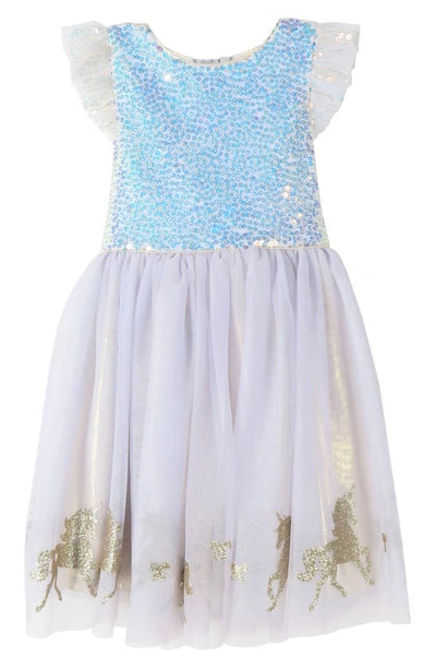 Shop Zunie Kids' Ruffle Sequin Glitter Unicorn Dress In Light Blue