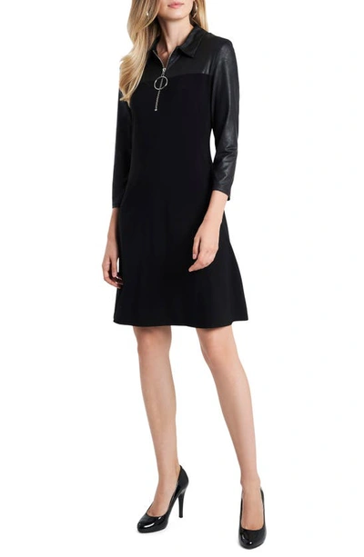 Chaus Faux Leather Mixed Media Shift Dress In Black
