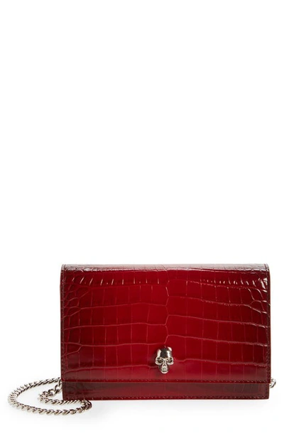 Shop Alexander Mcqueen Small The Skull Croc Embossed Leather Crossbody Bag In Red/ Burgundy