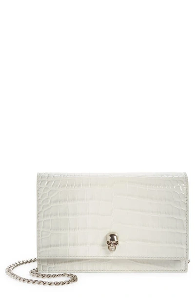 Shop Alexander Mcqueen Small The Skull Croc Embossed Leather Crossbody Bag In Ivory/ Grey