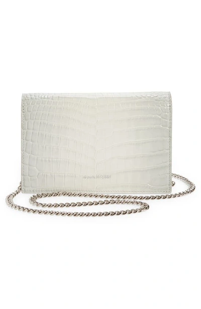 Shop Alexander Mcqueen Small The Skull Croc Embossed Leather Crossbody Bag In Ivory/ Grey
