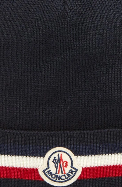 Shop Moncler Stripe Logo Patch Beanie In Navy