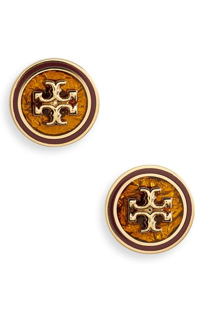 Shop Tory Burch Kira Enamel Circle Stud Earrings In Tory Gold / Burgundy Multi