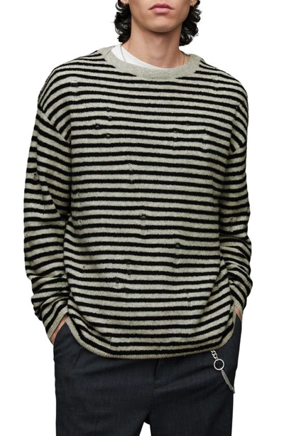 Shop Allsaints Park Stripe Destructed Wool Blend Crewneck Sweater In Grey Marl/ Black