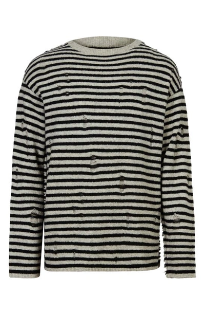 Shop Allsaints Park Stripe Destructed Wool Blend Crewneck Sweater In Grey Marl/ Black