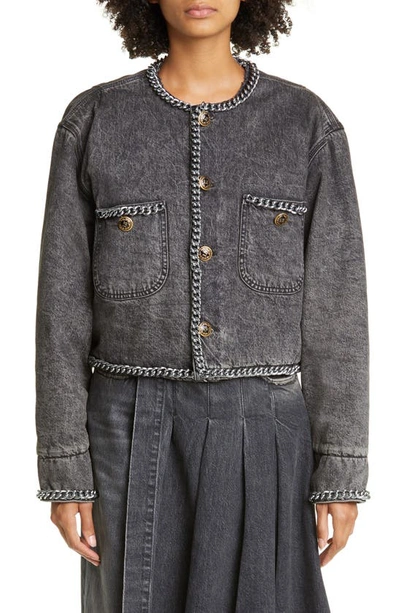 Shop R13 Chain Embellished Crop Denim Jacket In Dusky Gray