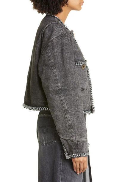 Shop R13 Chain Embellished Crop Denim Jacket In Dusky Gray