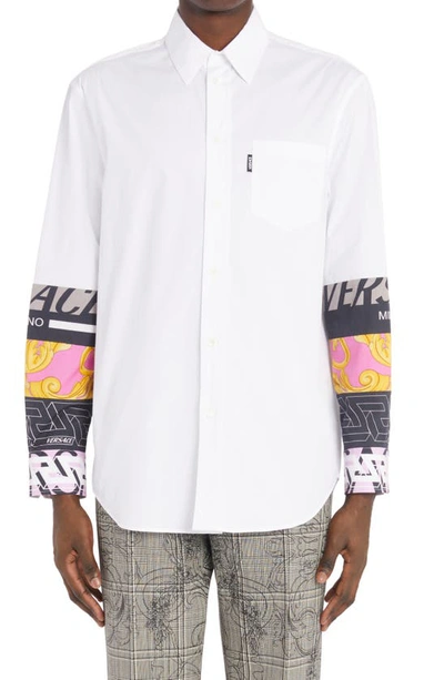 Shop Versace Renaissance La Greca Cotton Poplin Button-up Shirt In White/ Print