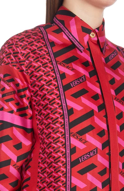 Shop Versace La Greca Monogram Silk Button-up Blouse In Parade Red Fuxia