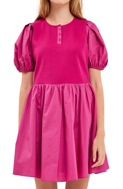 English Factory Mixed Media Henley Minidress In Berry