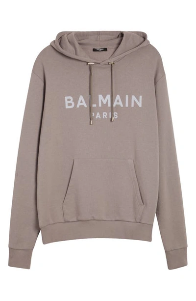 Shop Balmain Logo Cotton Hoodie In Dark Grey/ Light Blue