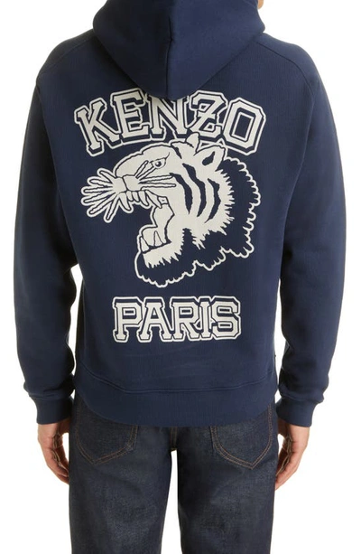 Shop Kenzo Reversible Embroidered Map Cotton Hoodie In Midnight Blue