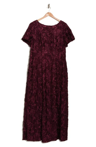Shop Alex Evenings Rosette Lace Short Sleeve A-line Gown In Merlot