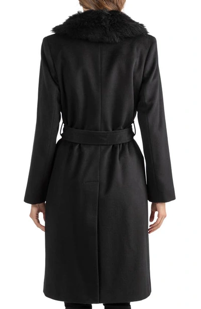 Shop Sofia Cashmere Sofia Wool & Cashmere Blend Wrap Coat With Genuine Shearling Trim In Black