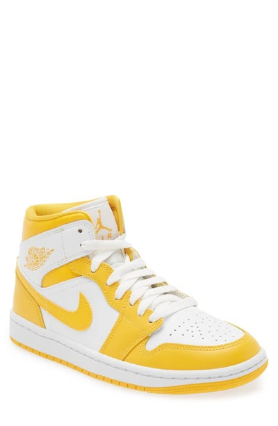 Shop Jordan Air  1 Mid Sneaker In White/ University Gold/ White