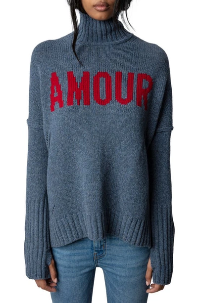 Shop Zadig & Voltaire Alma We Amour Wool Turtleneck Sweater In Denim