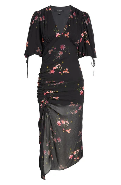 Shop Allsaints Safiya Solanio Floral Print Ruched Puff Sleeve Dress In Black