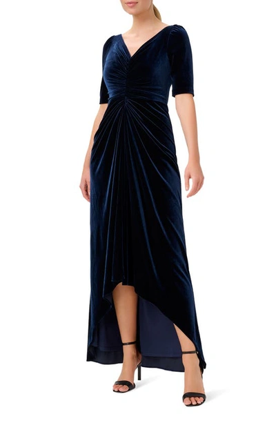 Shop Adrianna Papell Ruched Velvet High-low Gown In Midnight