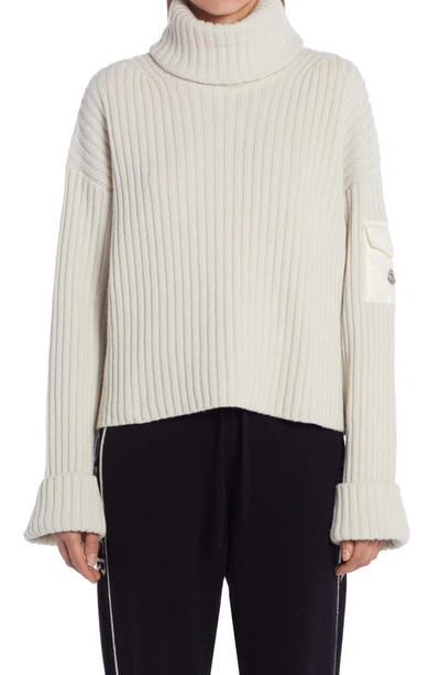 Shop Moncler Patch Pocket Wool Rib Turtleneck Sweater In White