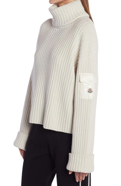 Shop Moncler Patch Pocket Wool Rib Turtleneck Sweater In White